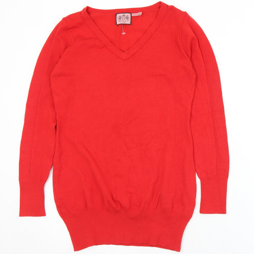 Lucy Couture Womens Red V-Neck  Cotton Pullover Jumper Size M
