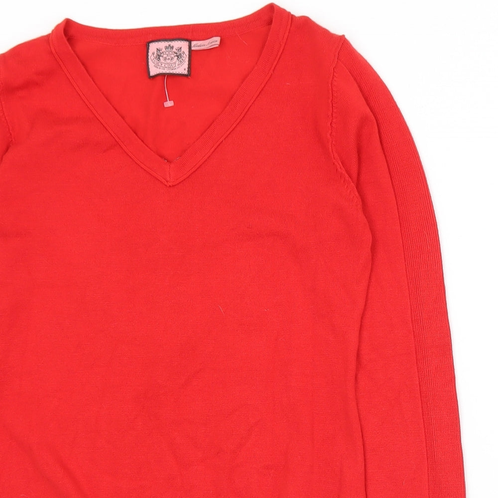 Lucy Couture Womens Red V-Neck  Cotton Pullover Jumper Size M