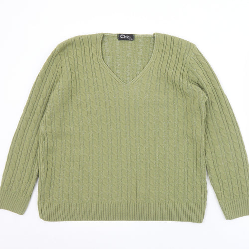 CHIC Womens Green V-Neck  Acrylic Pullover Jumper Size L   - L/XL