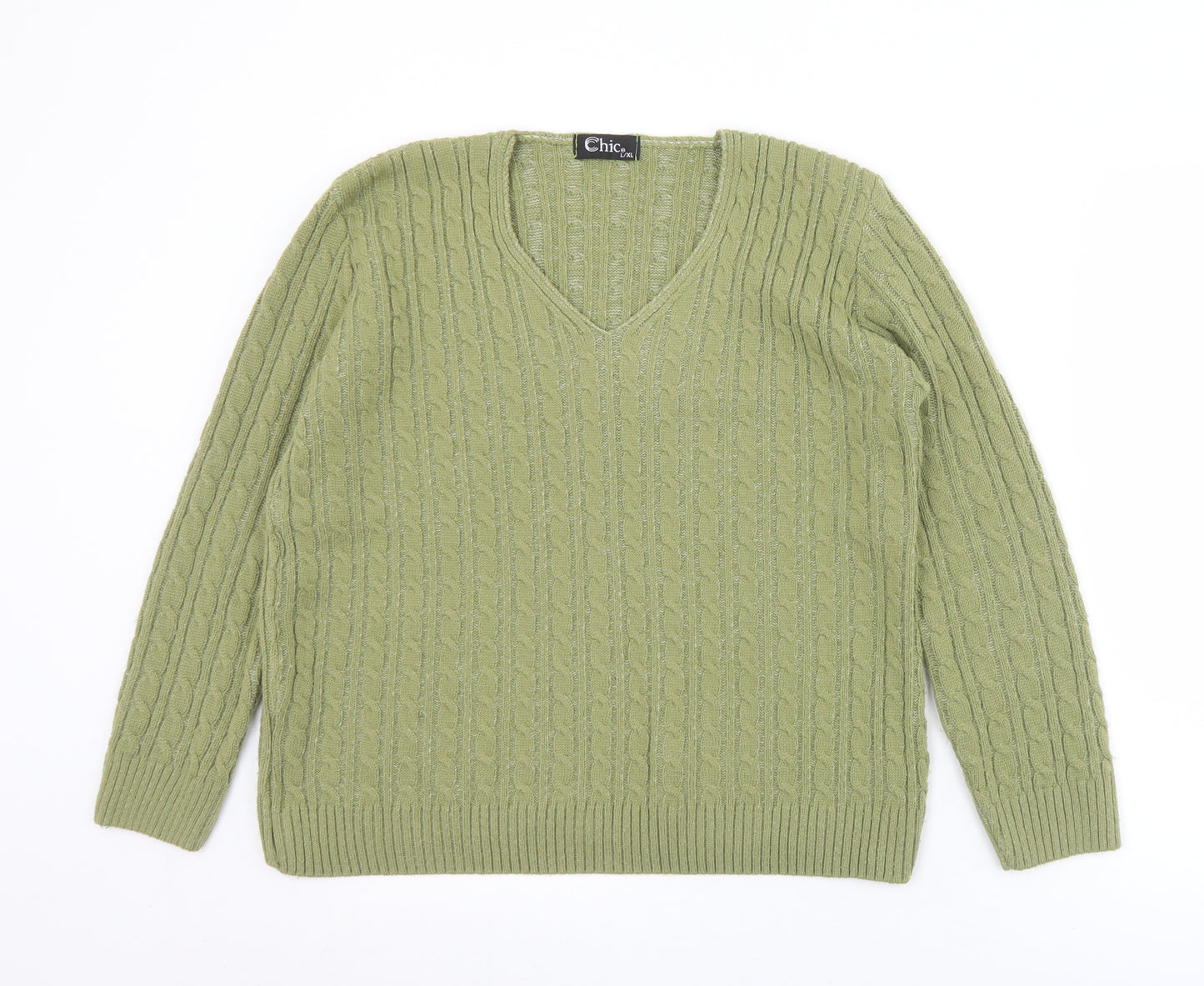 CHIC Womens Green V-Neck  Acrylic Pullover Jumper Size L   - L/XL