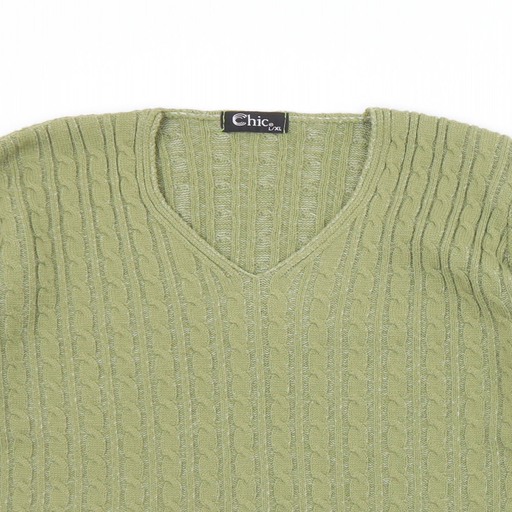 CHIC Womens Green V-Neck  Acrylic Pullover Jumper Size L   - L/XL