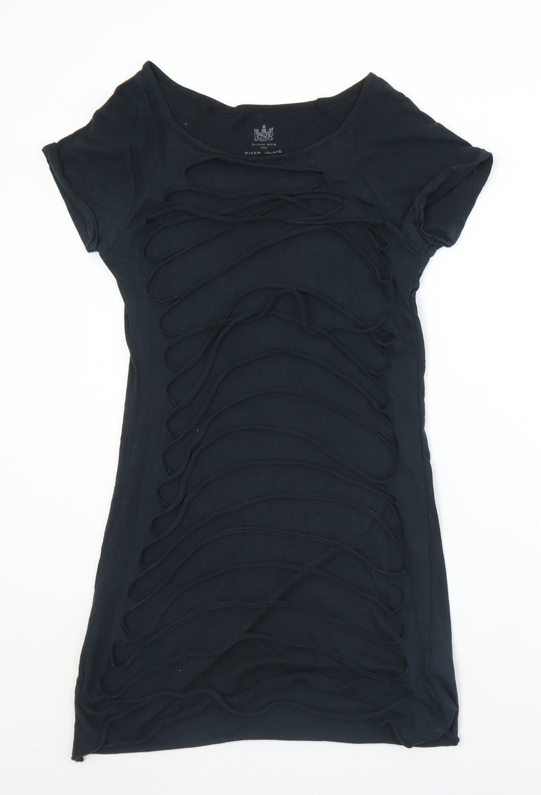 River Island Womens Black  Cotton Basic T-Shirt Size 10 Round Neck - Distressed effect