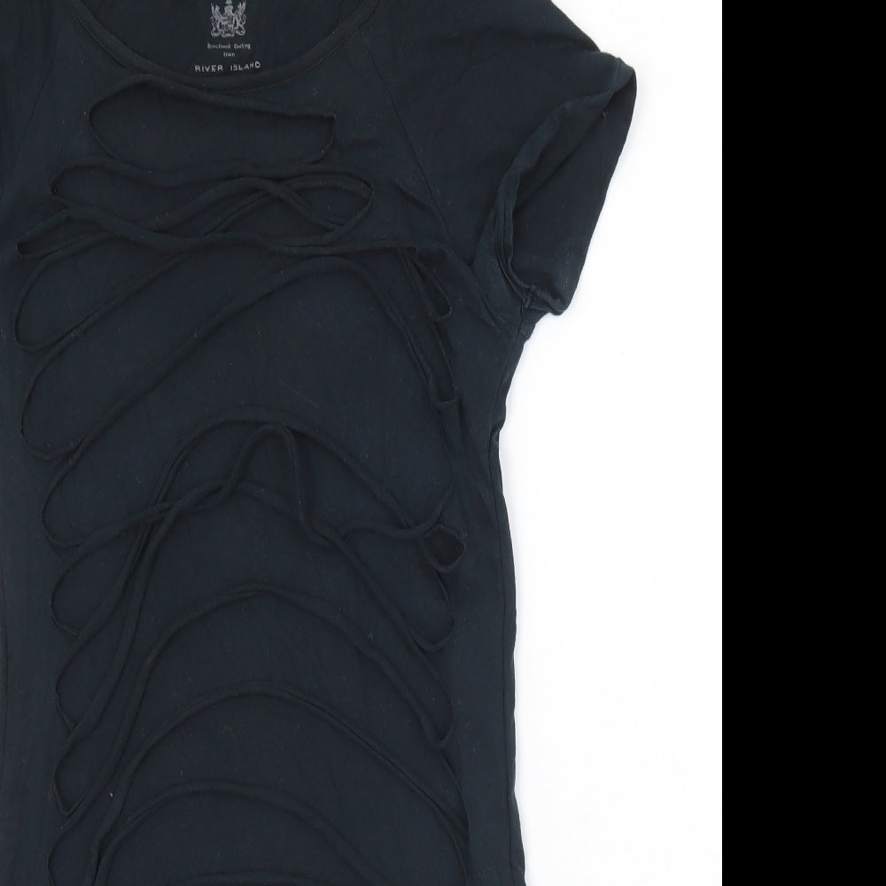 River Island Womens Black  Cotton Basic T-Shirt Size 10 Round Neck - Distressed effect