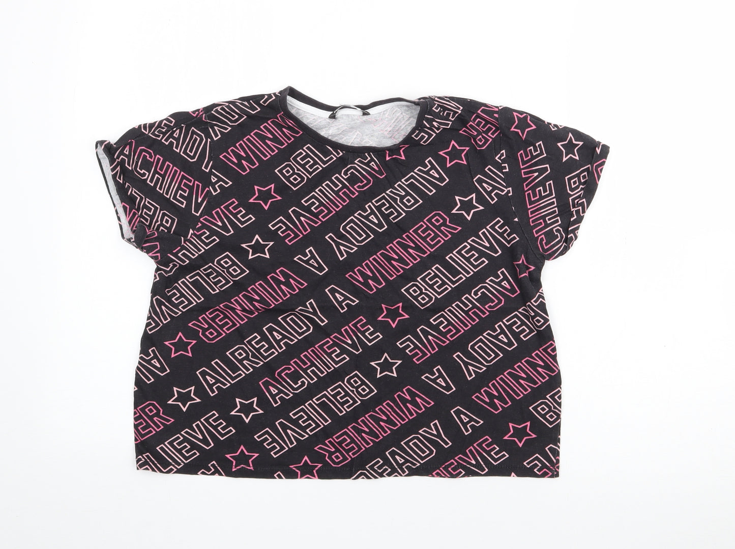 Pep & Co Girls Black Geometric Cotton Cropped T-Shirt Size 12-13 Years Crew Neck