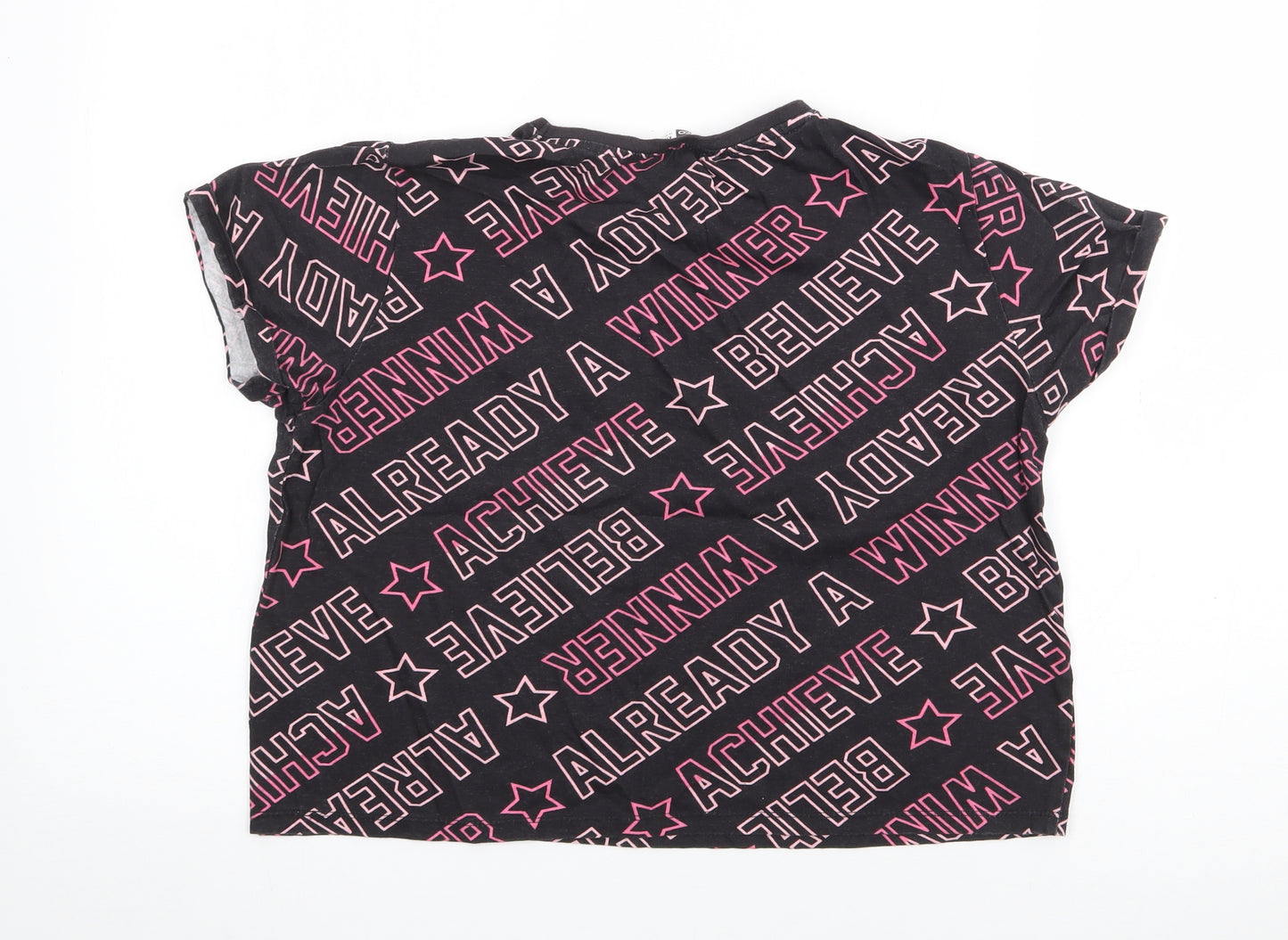 Pep & Co Girls Black Geometric Cotton Cropped T-Shirt Size 12-13 Years Crew Neck