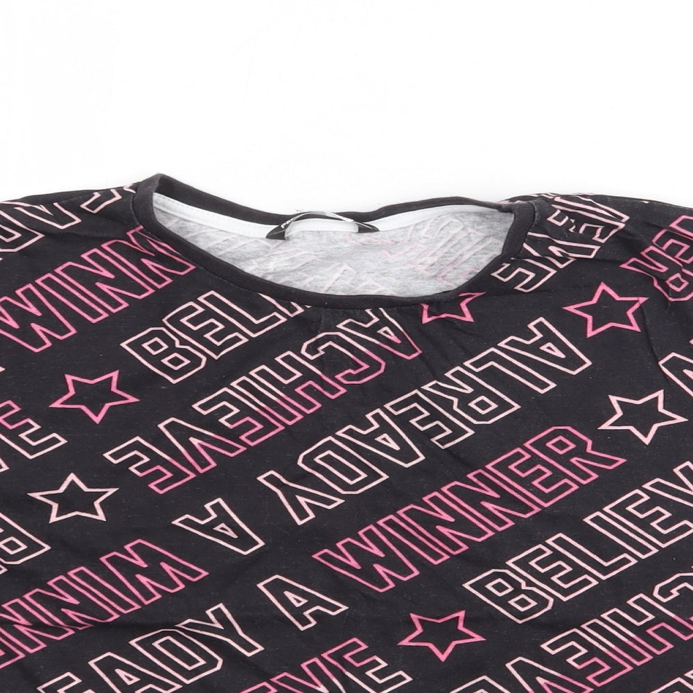 Pep & Co Girls Black Geometric Cotton Cropped T-Shirt Size 12-13 Years Crew Neck