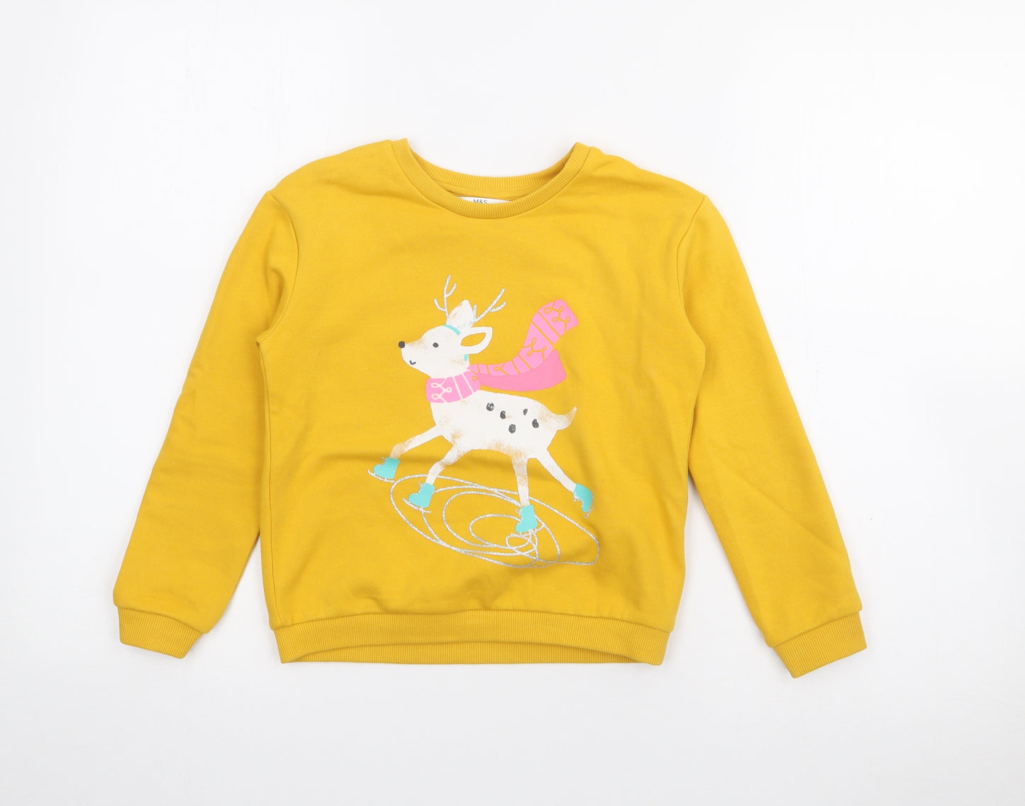 Marks and Spencer Girls Yellow  Cotton Pullover Sweatshirt Size 6-7 Years   - Deer