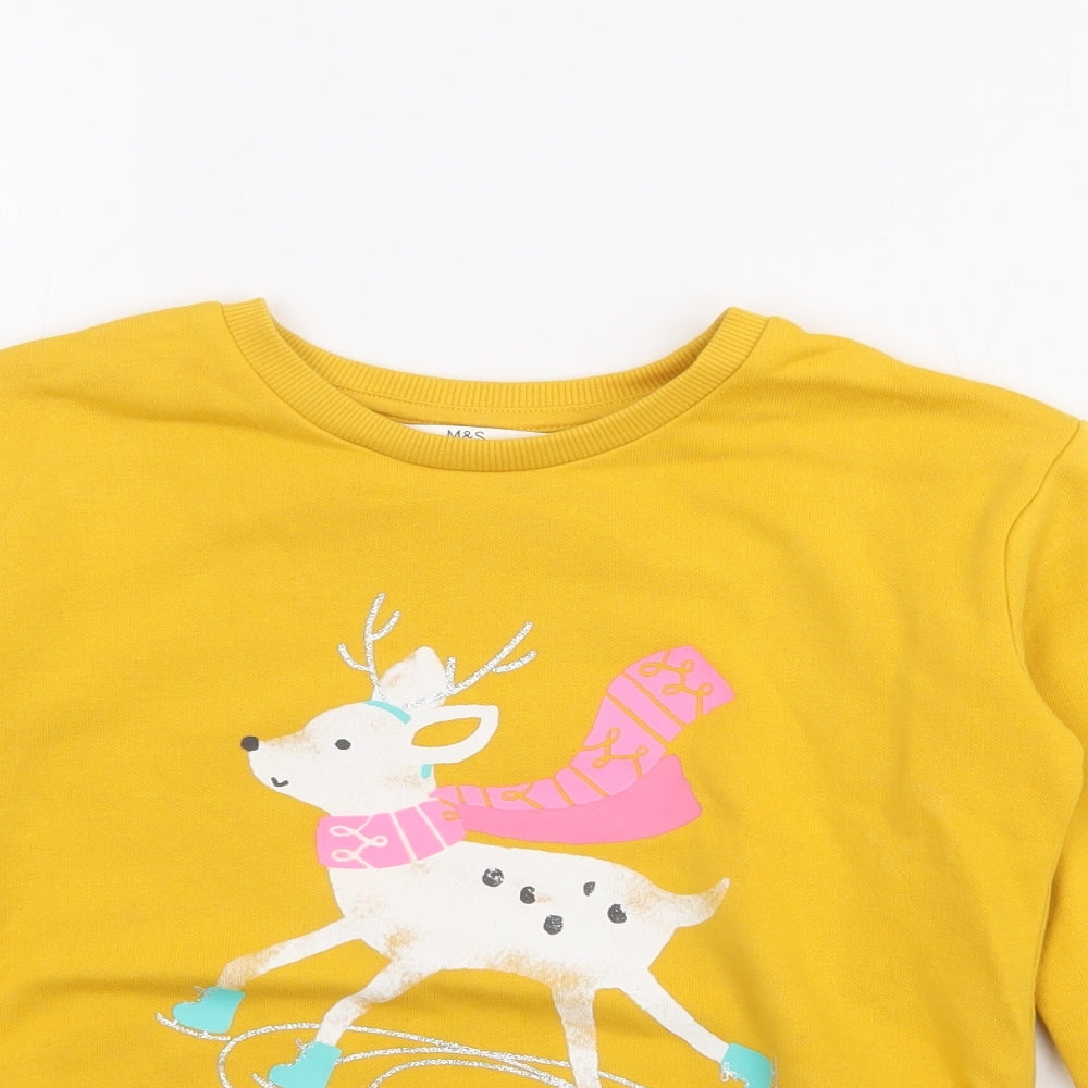 Marks and Spencer Girls Yellow  Cotton Pullover Sweatshirt Size 6-7 Years   - Deer