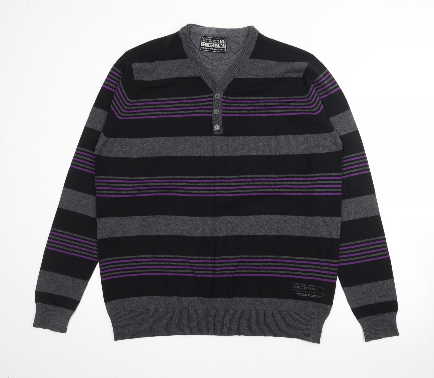 Cedar Wood State Mens Black Crew Neck Striped Cotton Pullover Jumper Size 2XL