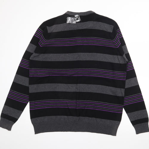 Cedar Wood State Mens Black Crew Neck Striped Cotton Pullover Jumper Size 2XL