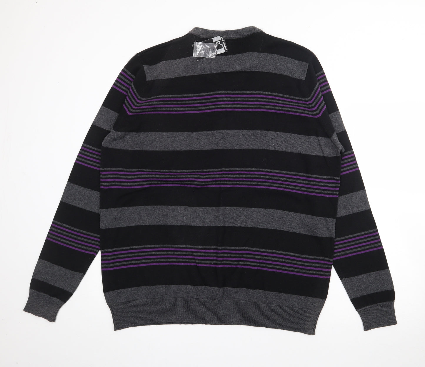Cedar Wood State Mens Black Crew Neck Striped Cotton Pullover Jumper Size 2XL