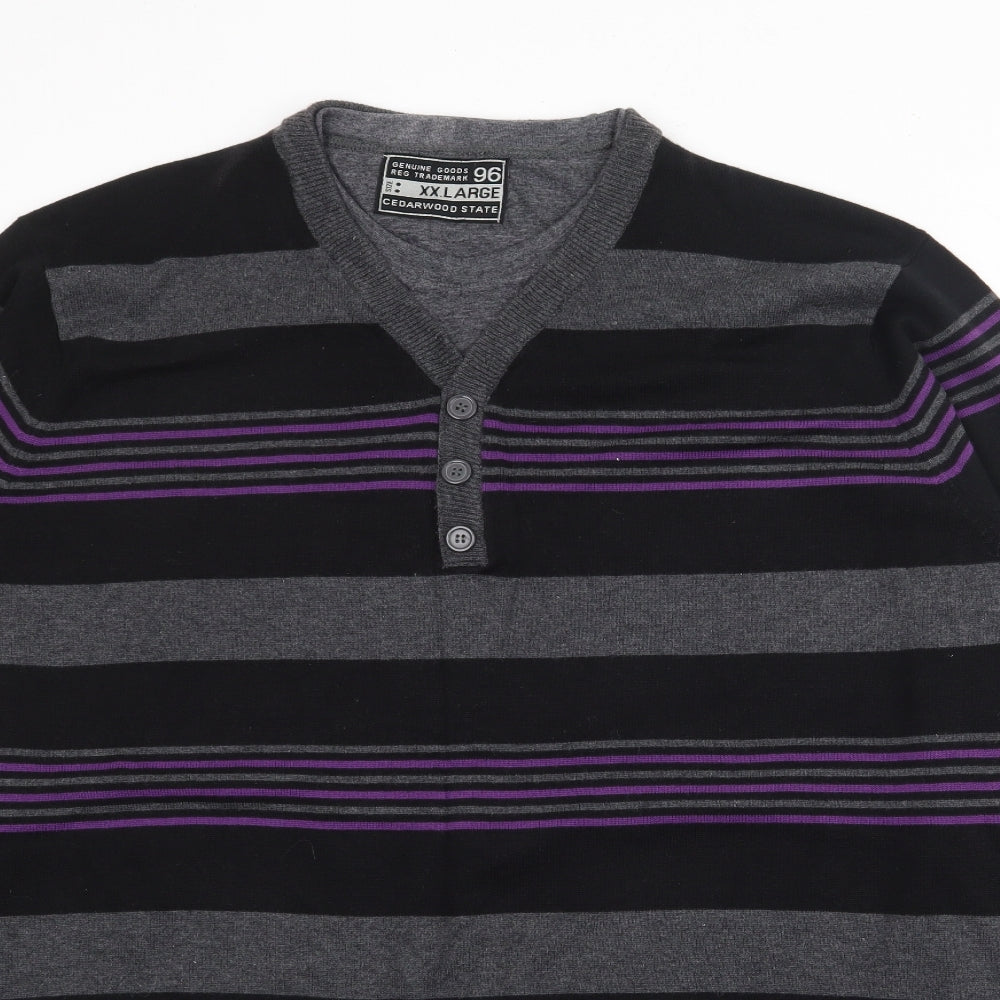 Cedar Wood State Mens Black Crew Neck Striped Cotton Pullover Jumper Size 2XL