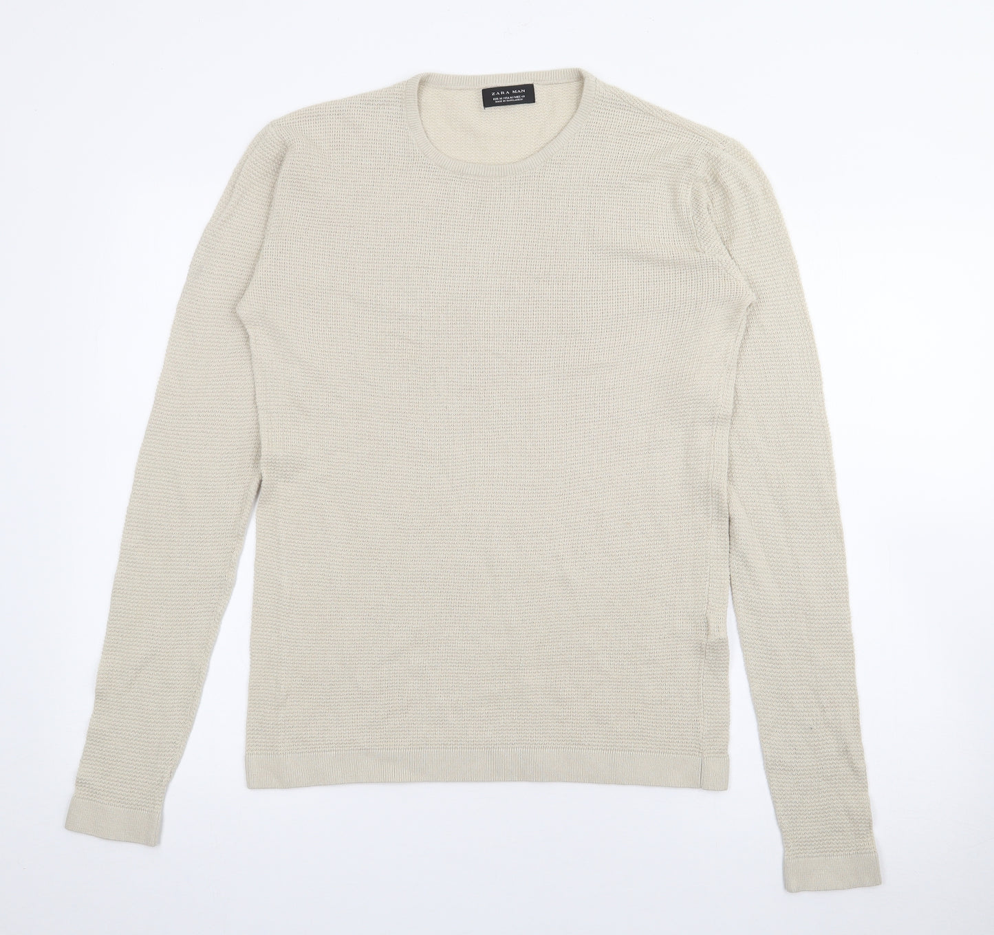 Zara Mens Beige Crew Neck  Cotton Pullover Jumper Size M