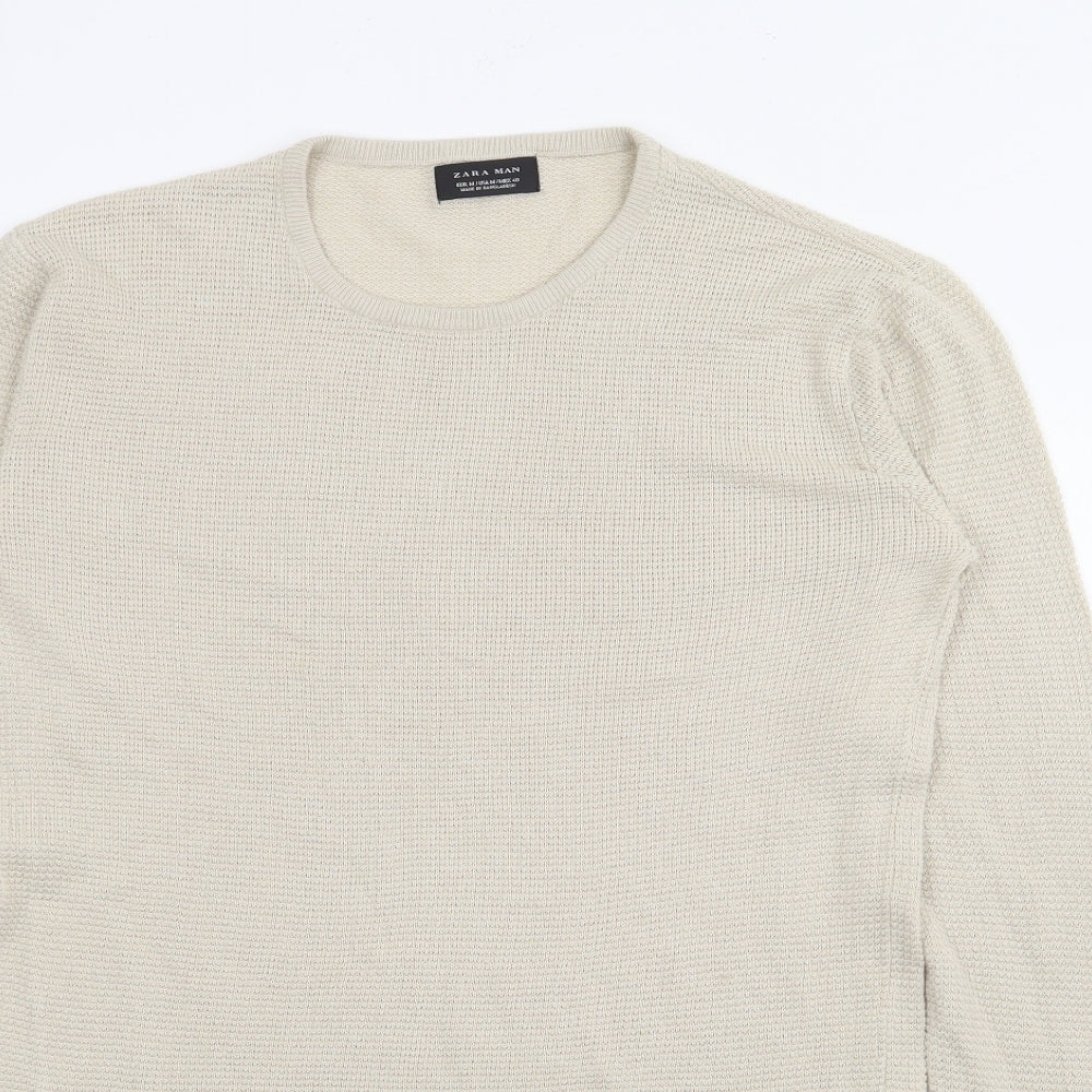 Zara Mens Beige Crew Neck  Cotton Pullover Jumper Size M