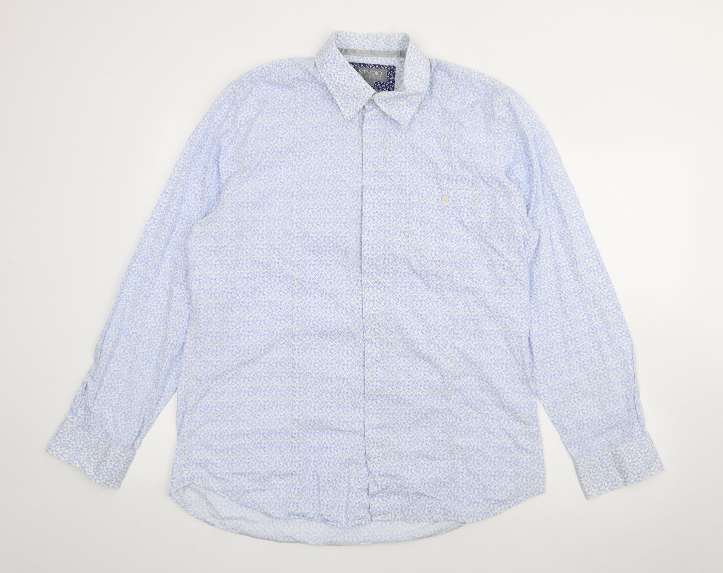 Jeff Banks Mens Blue Floral Cotton  Button-Up Size L Collared Button