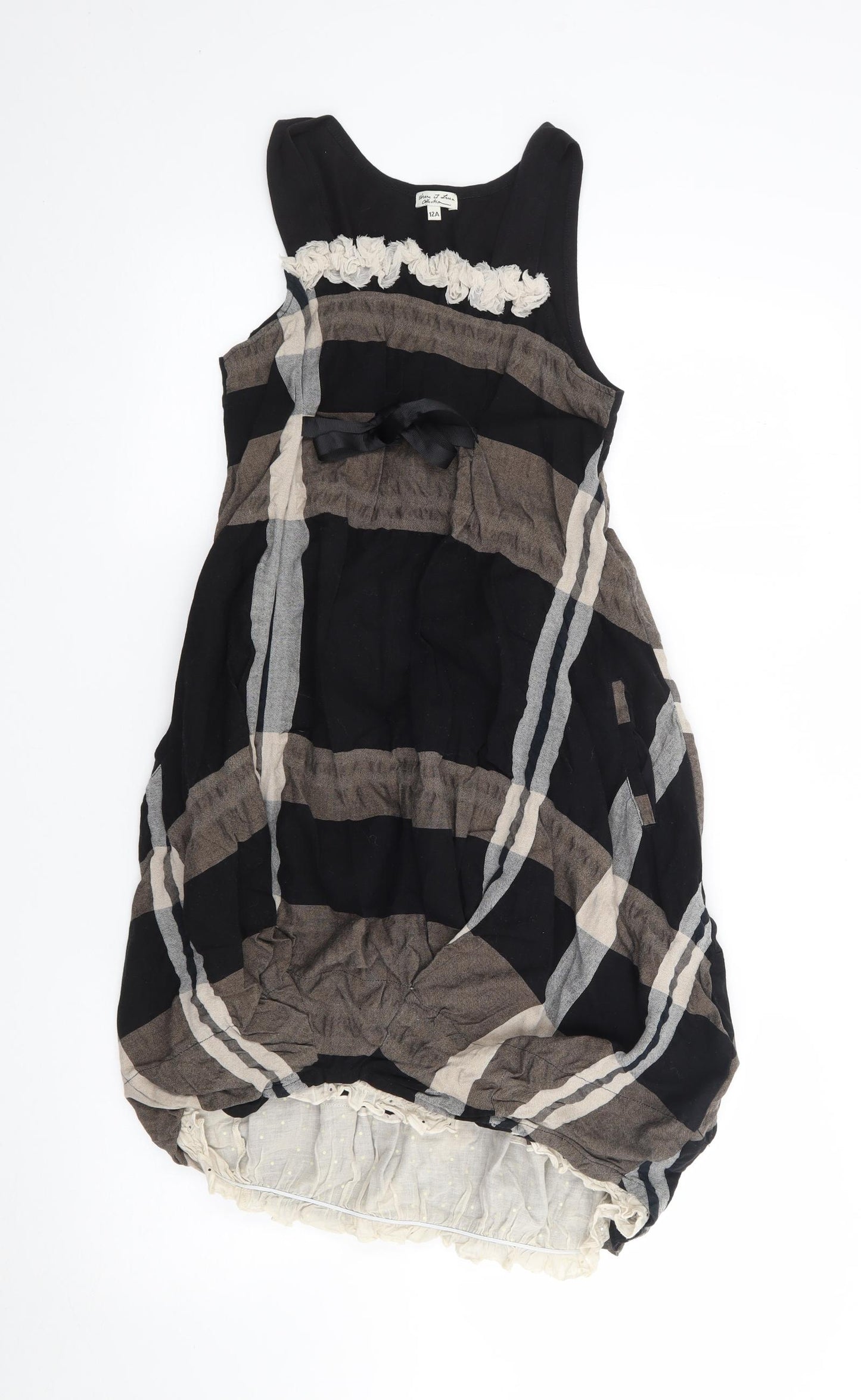 Eliane et Lena Girls Black Plaid Cotton Fit & Flare  Size 12 Years  Scoop Neck