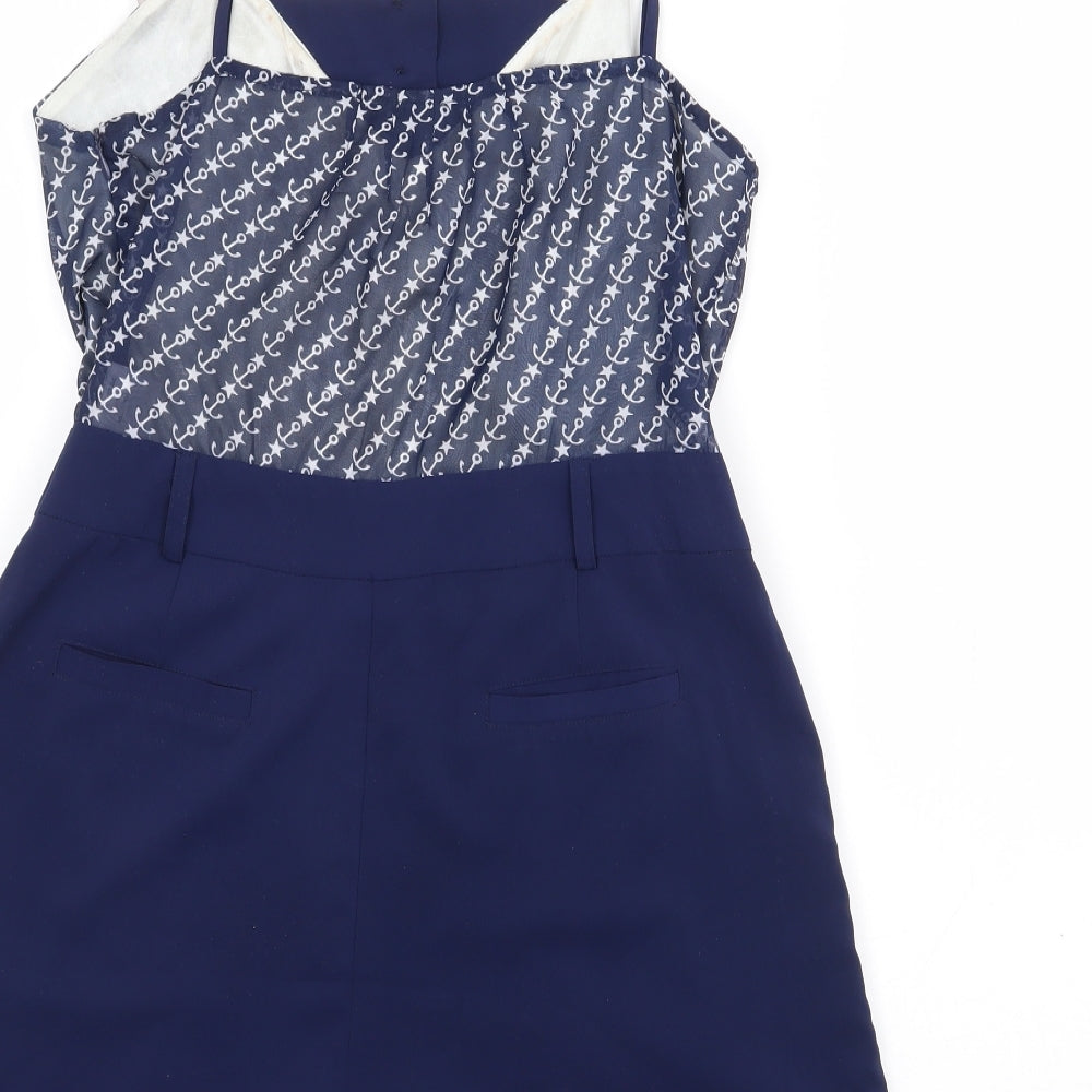 Vaudeville & Burlesque Womens Blue Geometric Polyester Playsuit One-Piece Size S