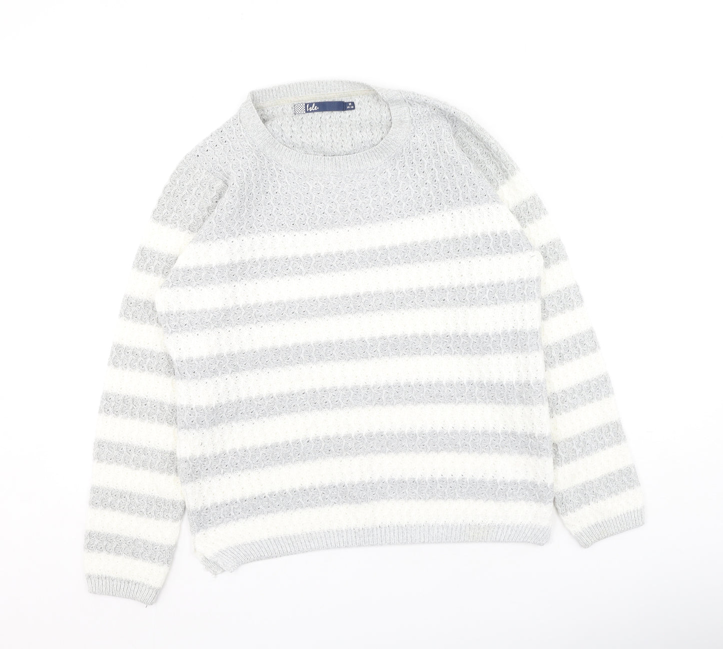 Hle Womens Grey Round Neck Striped Acrylic Pullover Jumper Size M