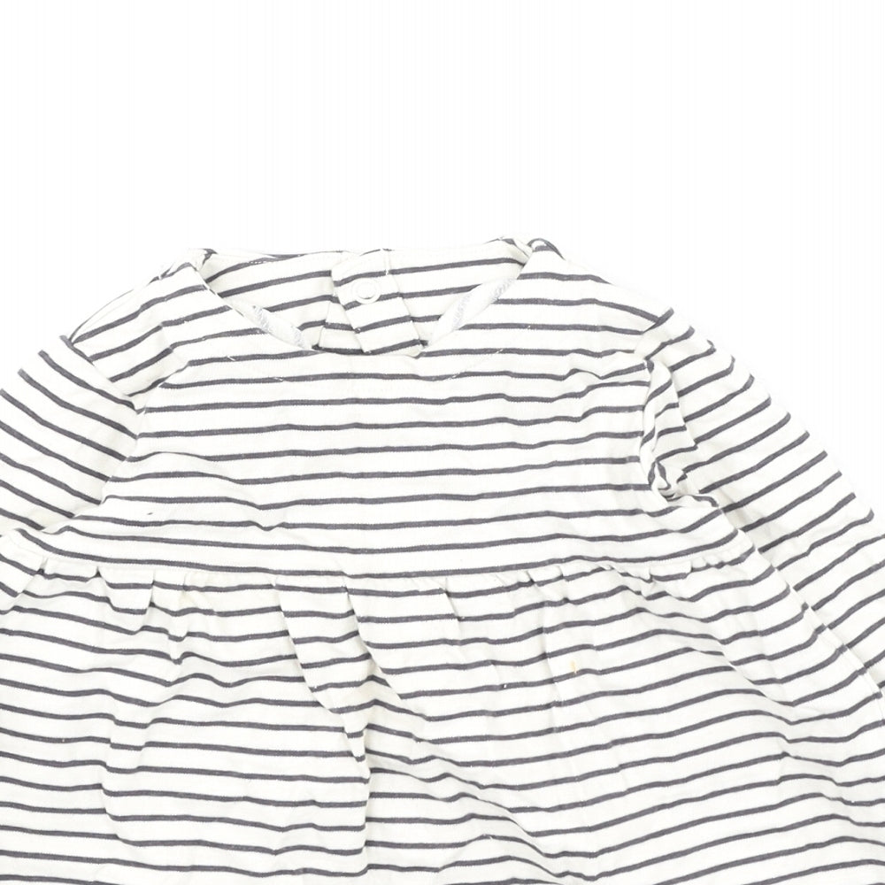 Marks and Spencer Girls White Striped Cotton Fit & Flare  Size 12-18 Months  Round Neck
