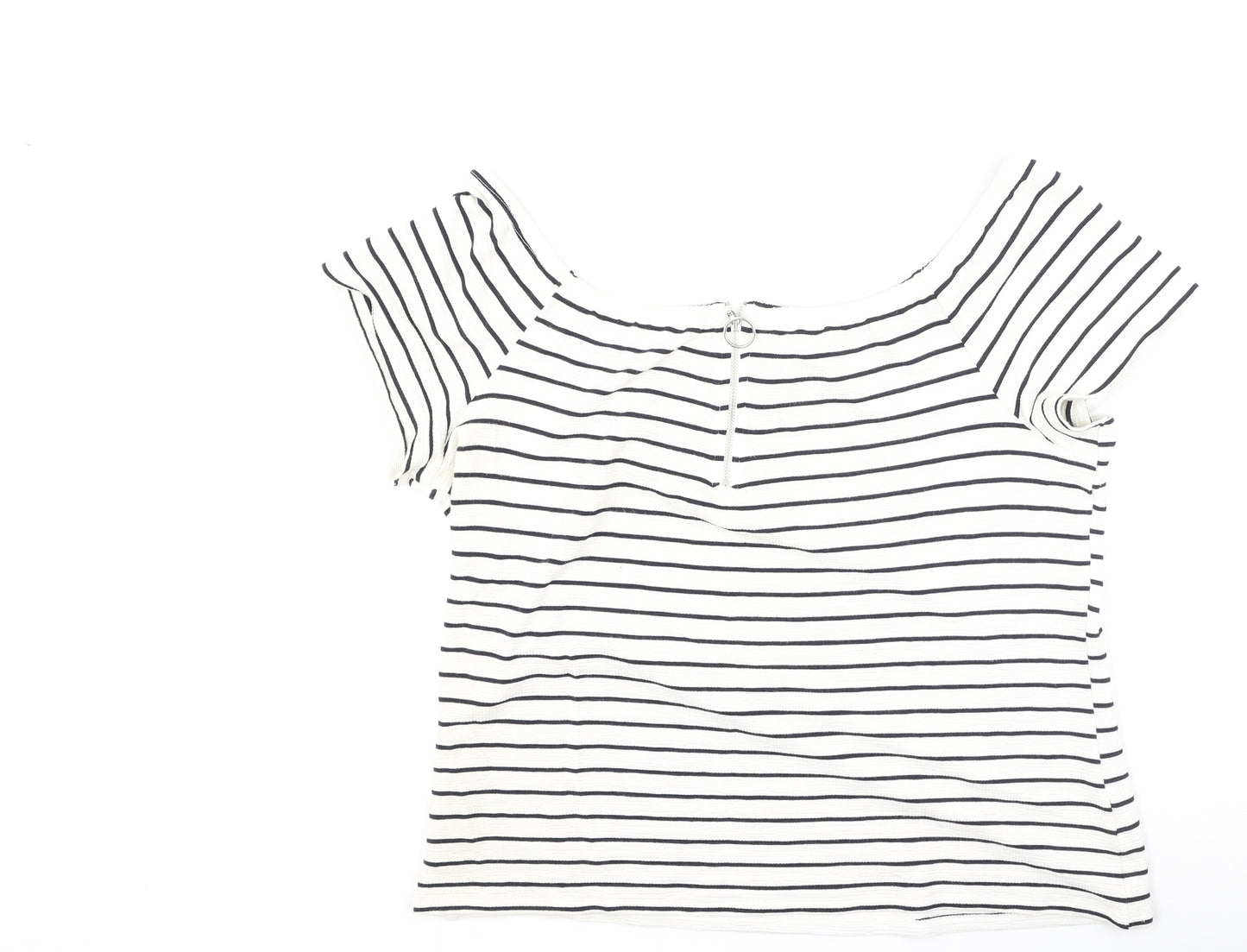 Papaya Womens White Striped Viscose Basic T-Shirt Size 16 Off the Shoulder