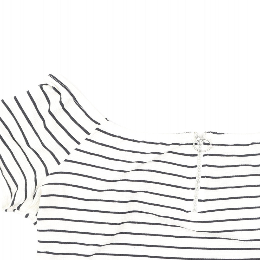 Papaya Womens White Striped Viscose Basic T-Shirt Size 16 Off the Shoulder
