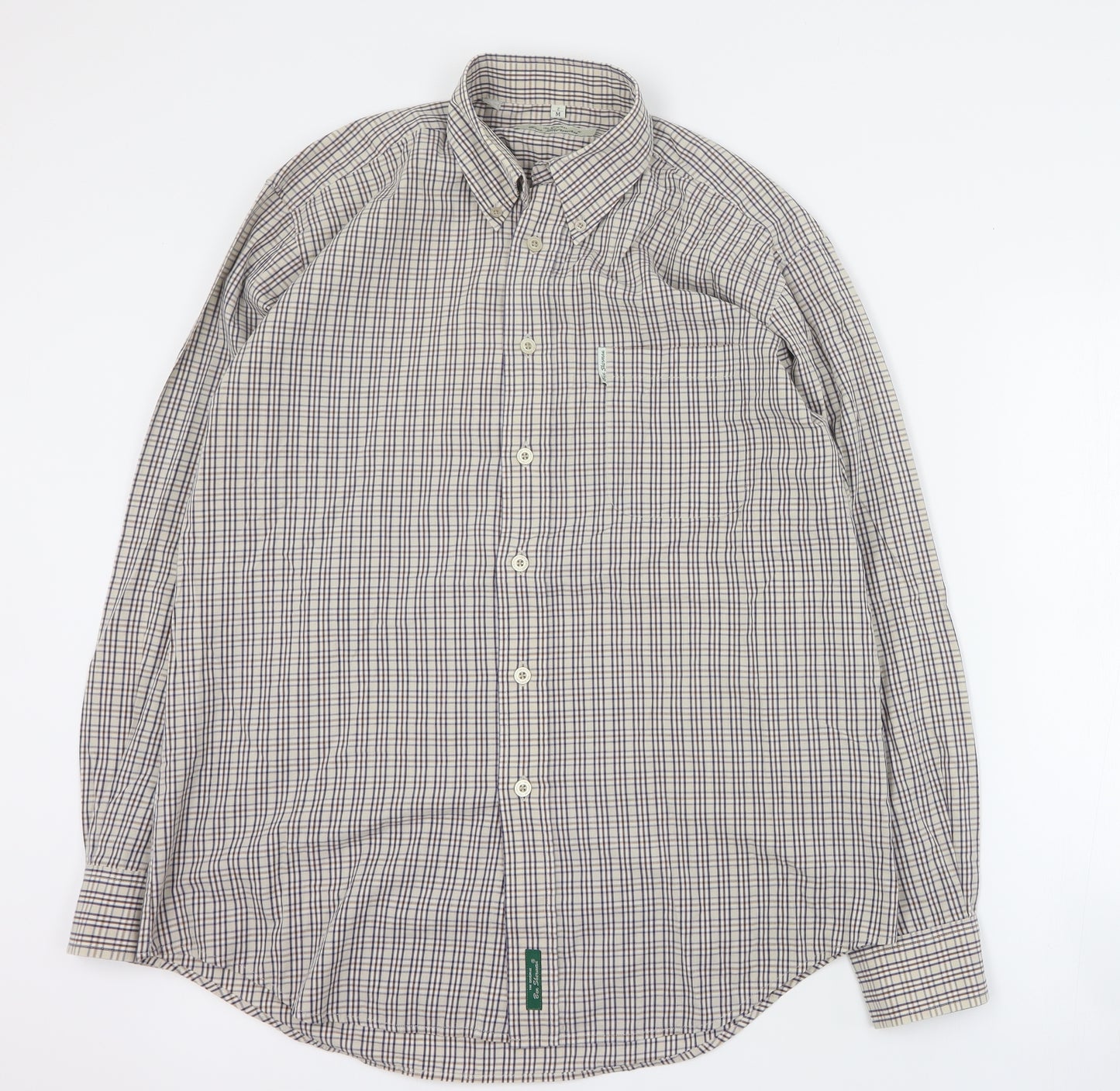 Ben Sherman Mens Brown Plaid Polyester  Button-Up Size M Collared Button