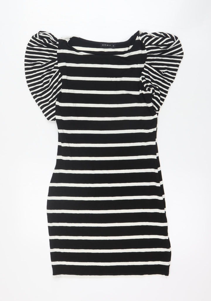 Exhibit Womens Black Striped Viscose Bodycon  Size 10  Round Neck Pullover