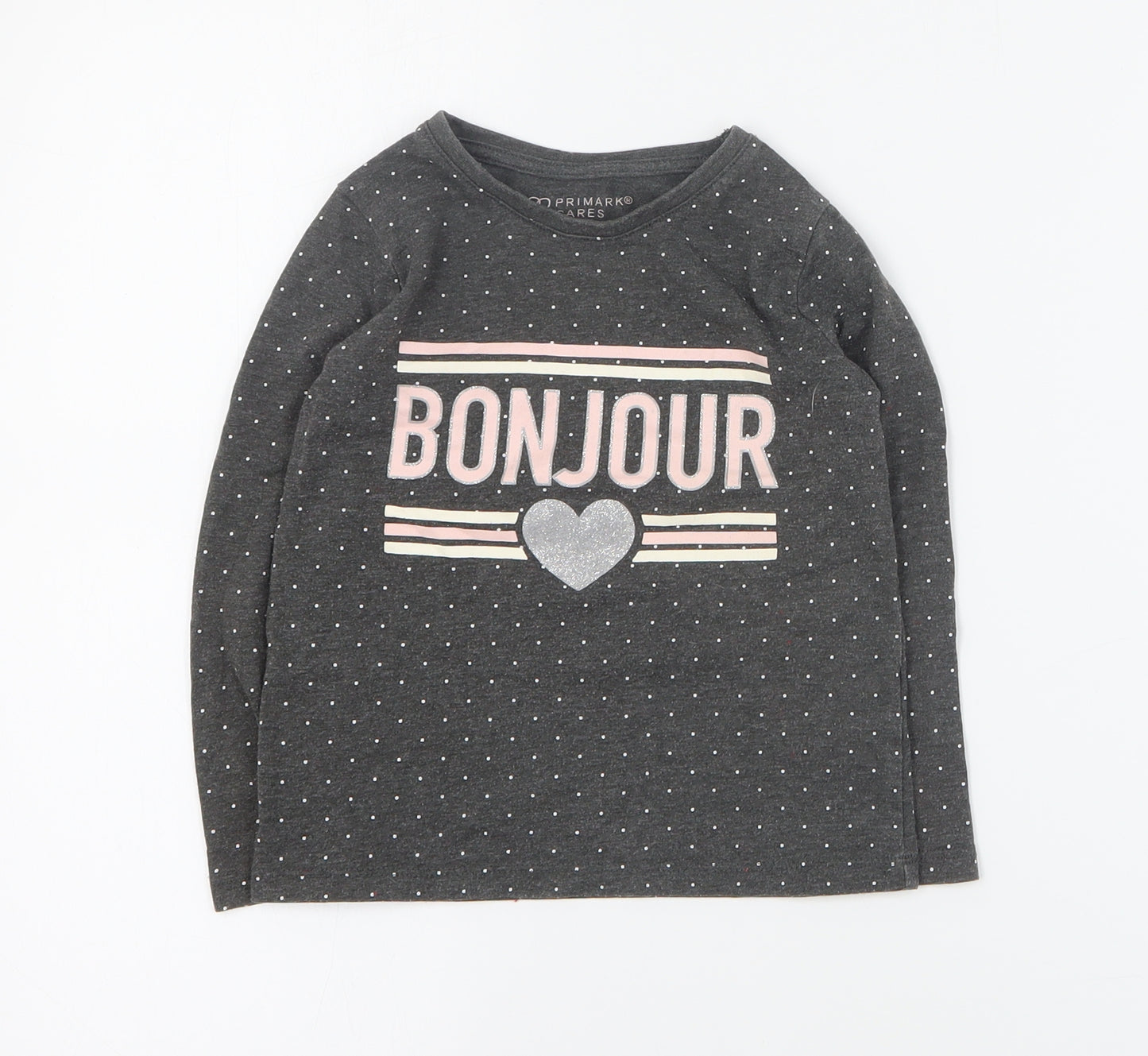Primark Girls Grey  Cotton Basic T-Shirt Size 3-4 Years Round Neck Pullover