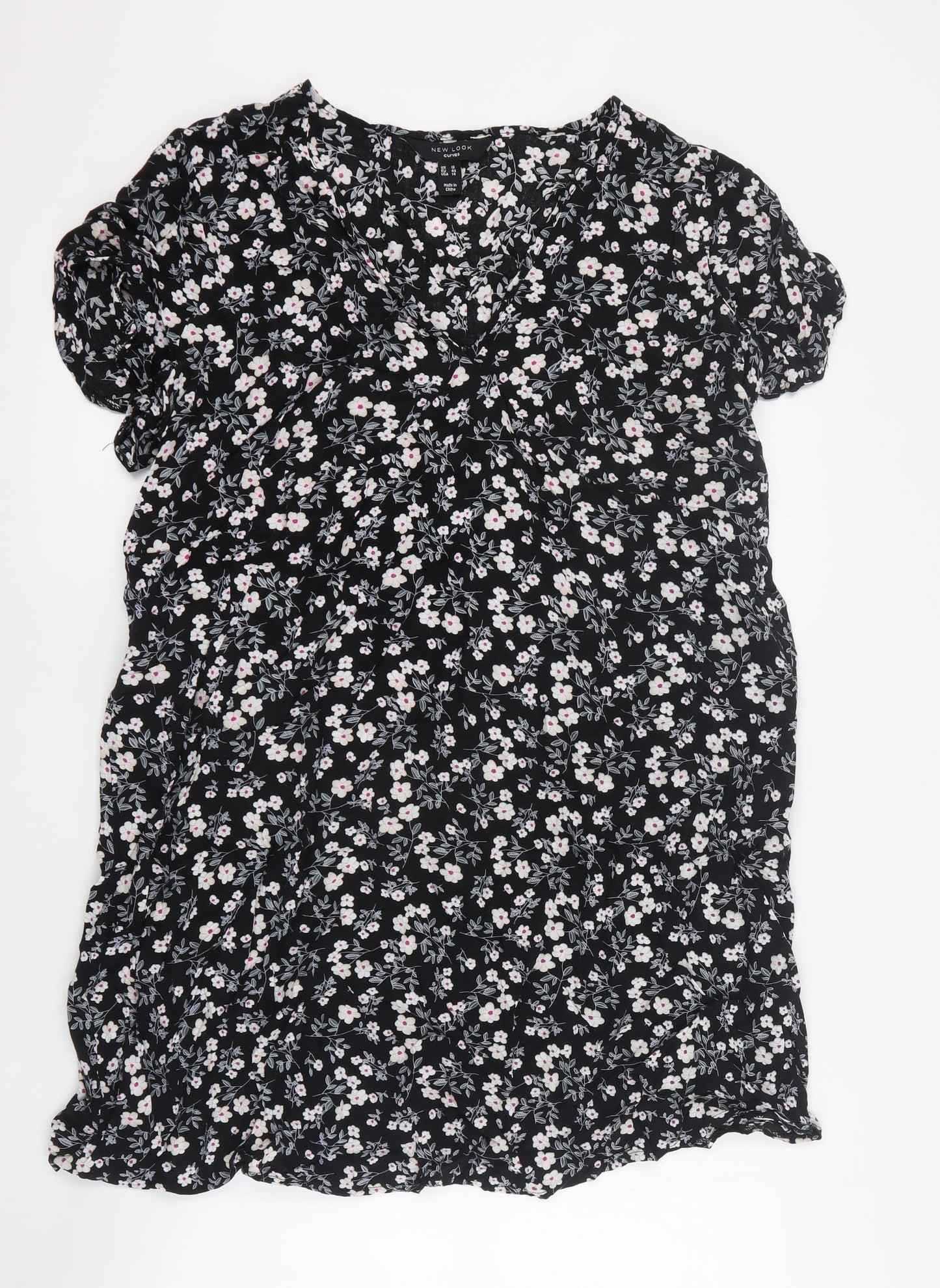 New Look Womens Black Floral Viscose Mini  Size 18  V-Neck Zip