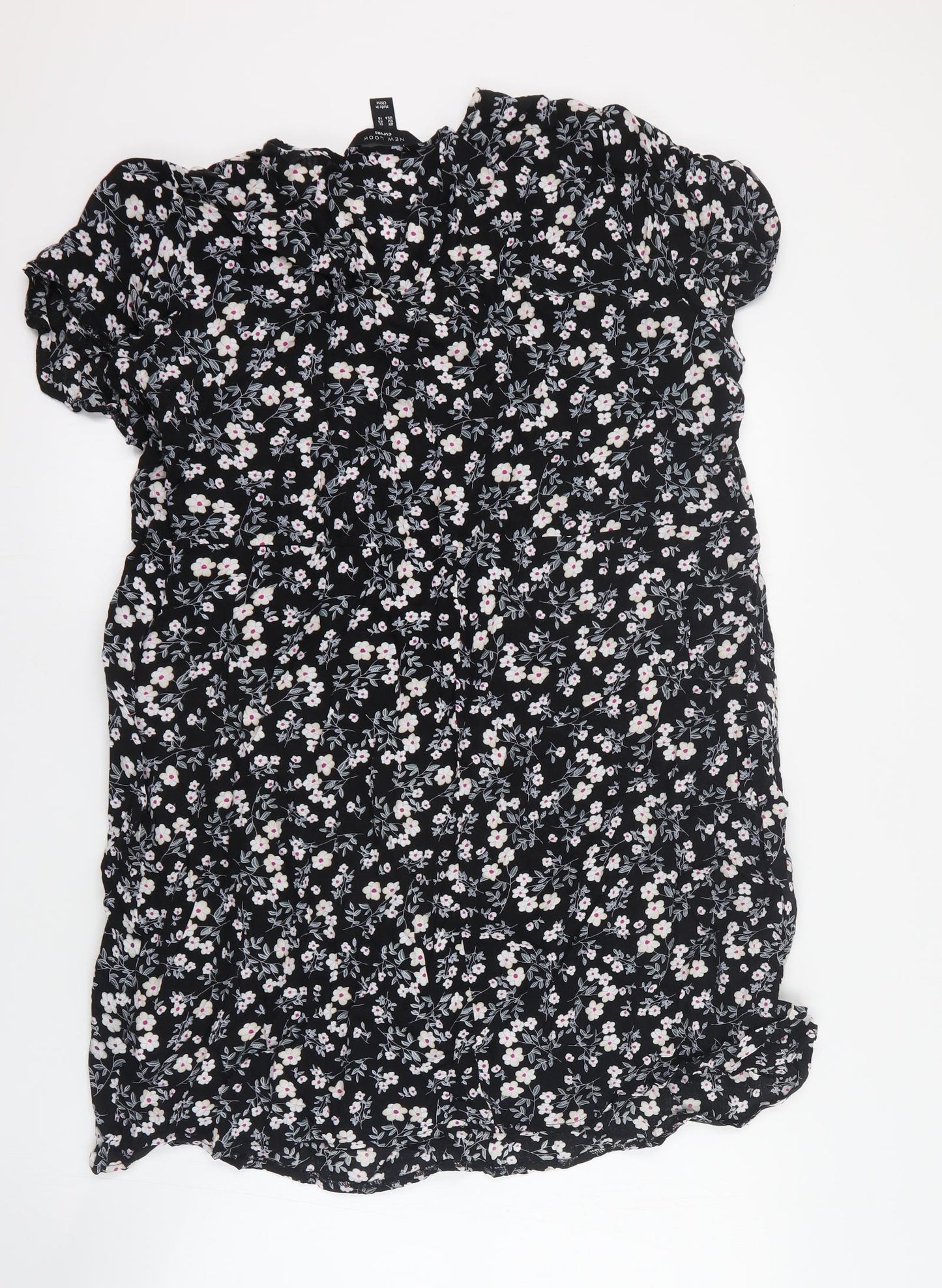 New Look Womens Black Floral Viscose Mini  Size 18  V-Neck Zip