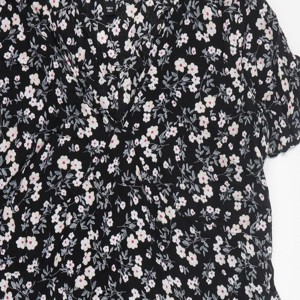 New Look Womens Black Floral Viscose Mini  Size 18  V-Neck Zip