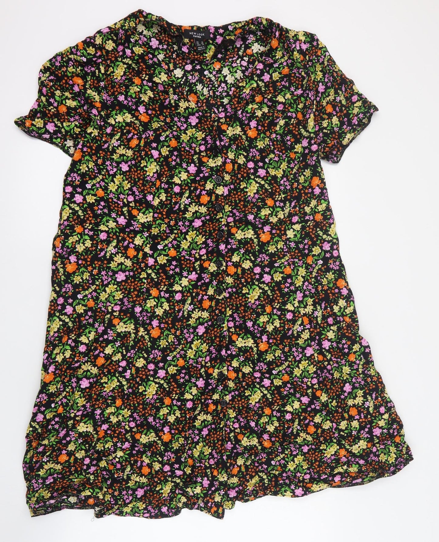 New Look Womens Black Floral Viscose Shift  Size 18  V-Neck Pullover