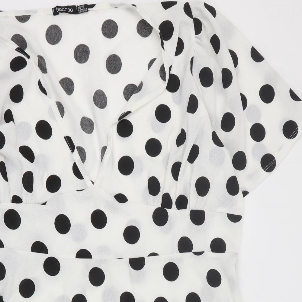 Boohoo Womens White Polka Dot Polyester Mini  Size 22  V-Neck Pullover