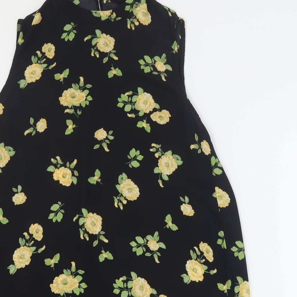 Primark Womens Black Floral Polyester Basic Tank Size 14 High Neck