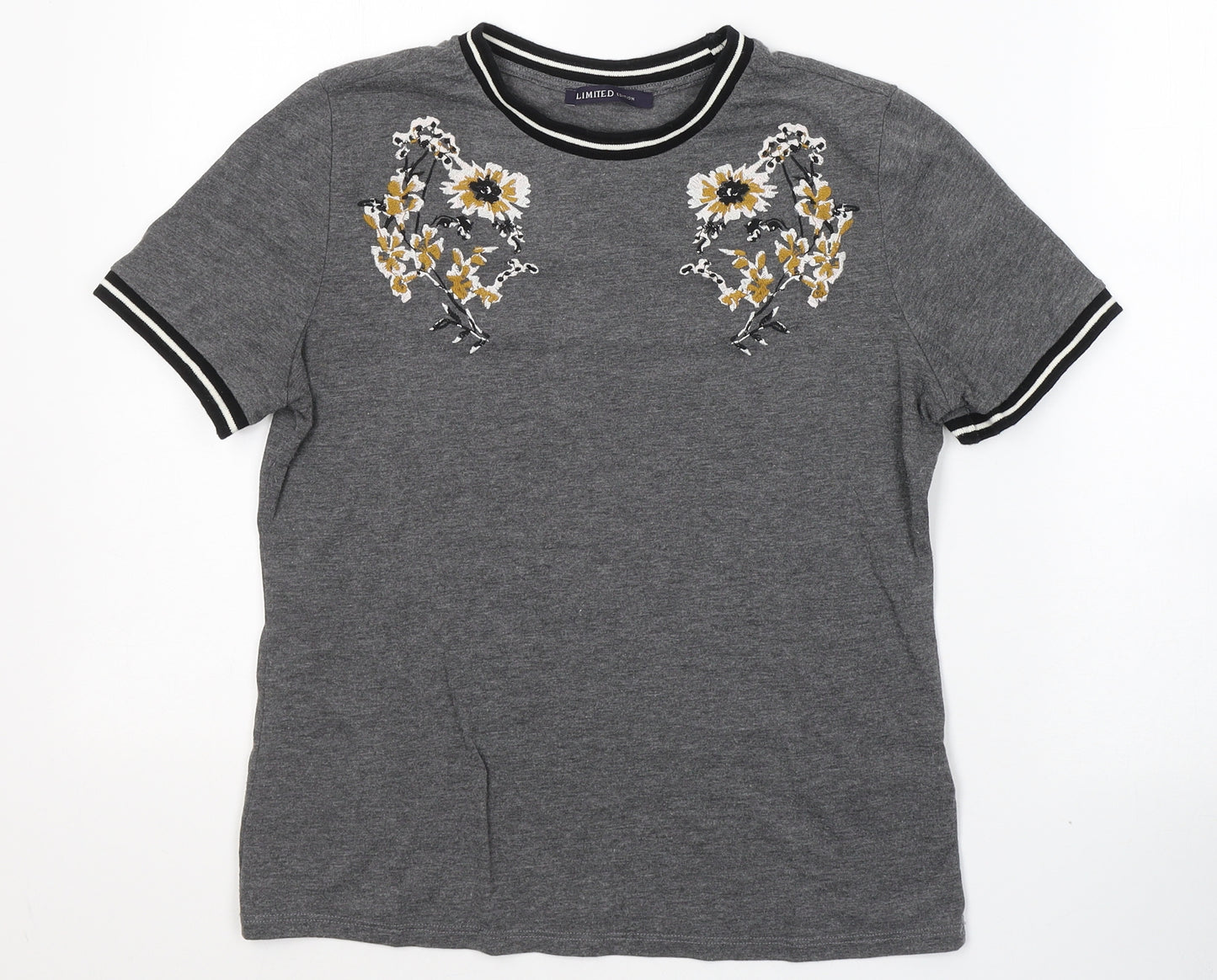 Marks and Spencer Womens Grey  Polyester Basic T-Shirt Size 12 Round Neck - Flowers