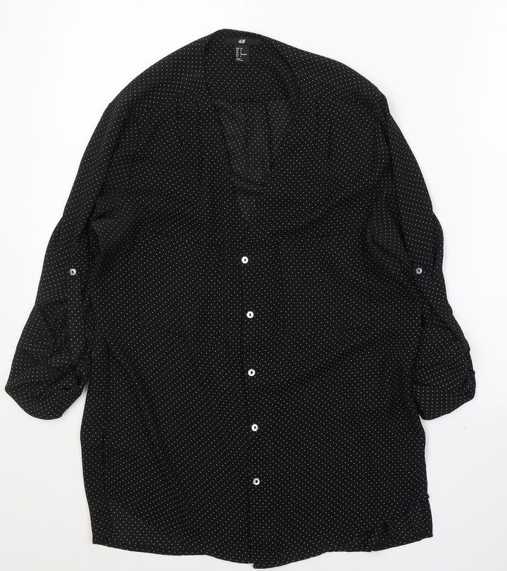 H&M Womens Black Polka Dot Polyester Basic Button-Up Size 8 V-Neck
