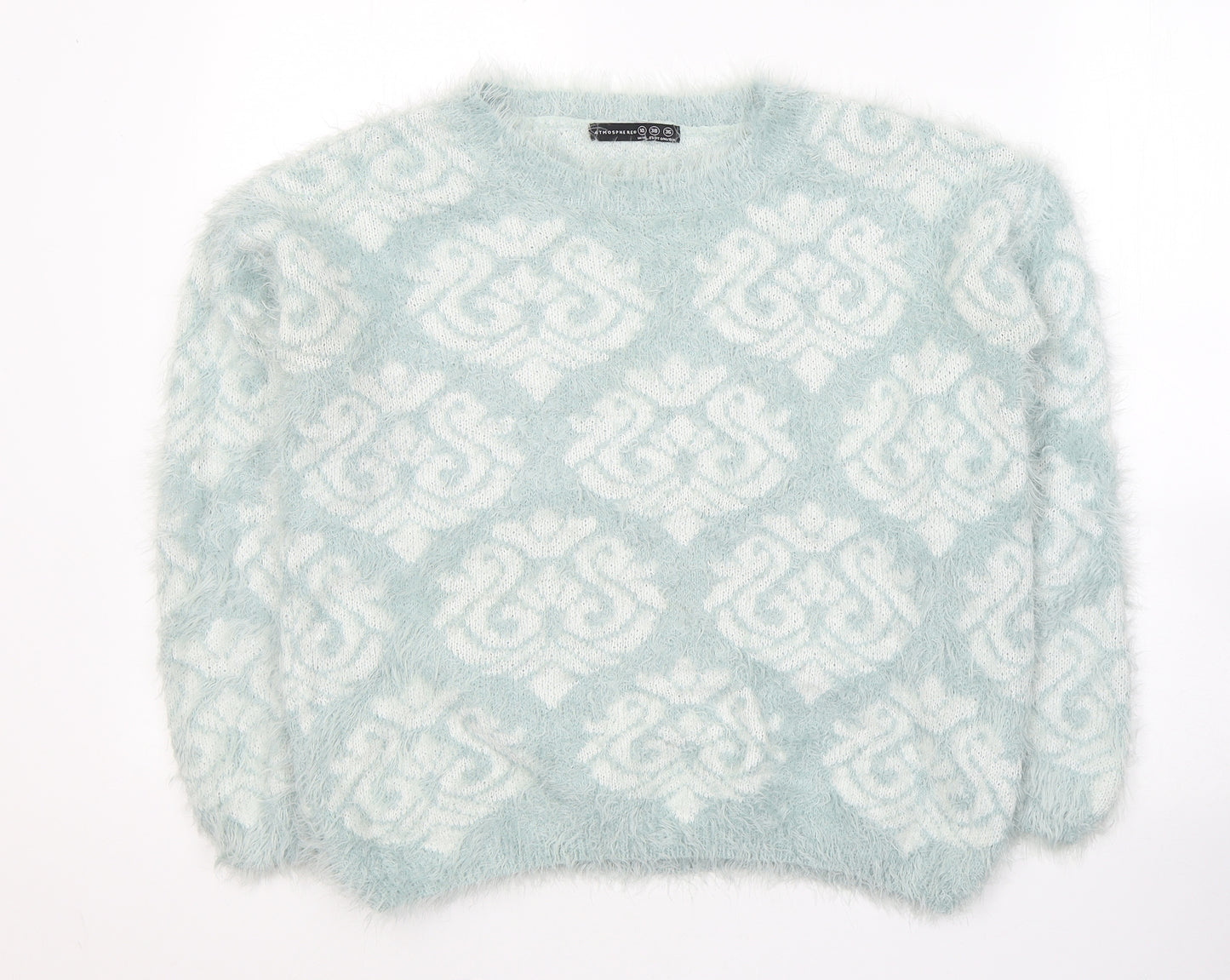 Atmosphere Womens Blue Round Neck Geometric Nylon Pullover Jumper Size 10