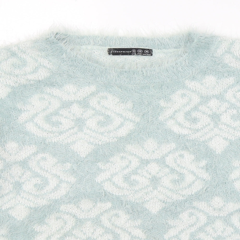 Atmosphere Womens Blue Round Neck Geometric Nylon Pullover Jumper Size 10