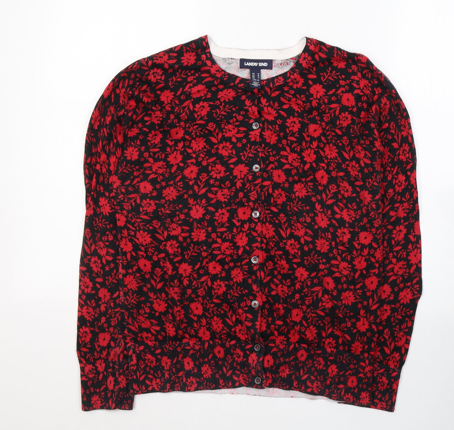 Lands' End Womens Black Round Neck Floral Cotton Cardigan Jumper Size M
