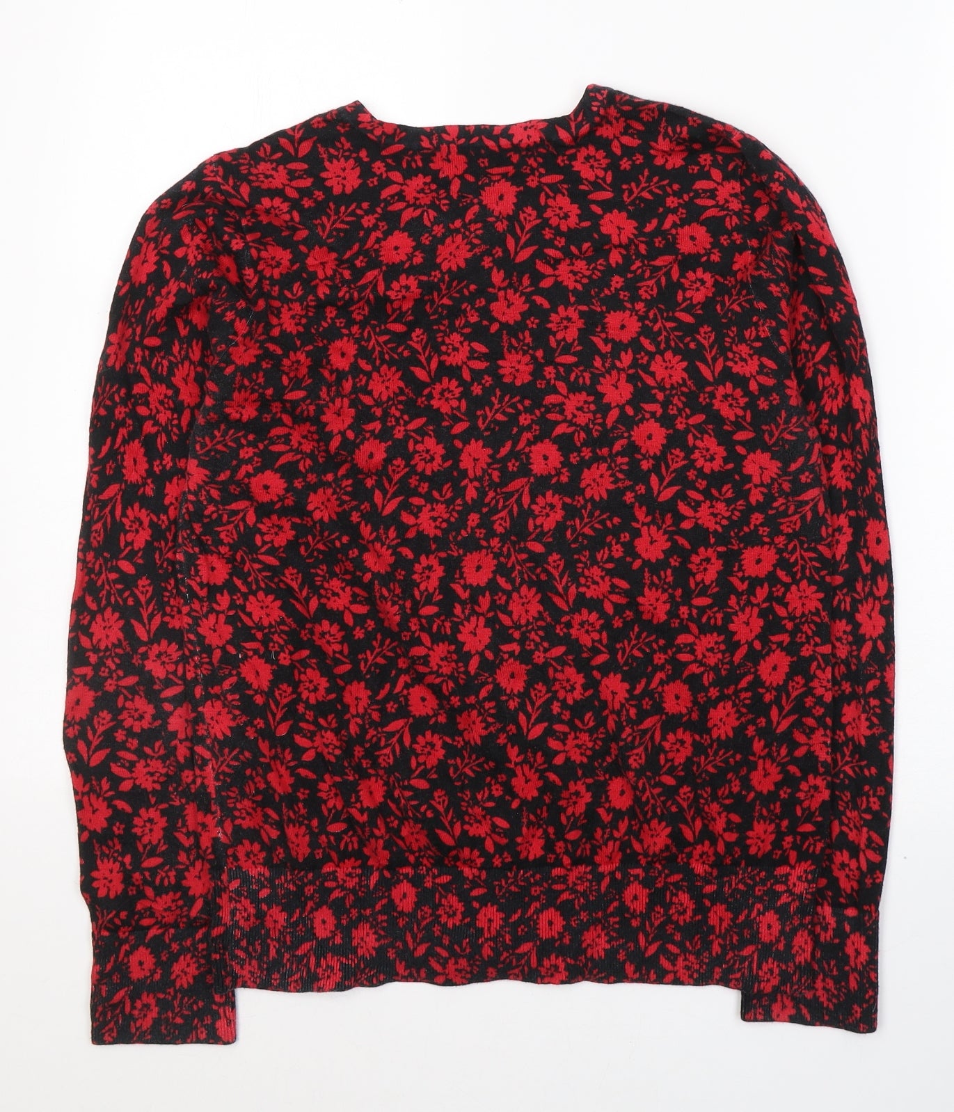 Lands' End Womens Black Round Neck Floral Cotton Cardigan Jumper Size M