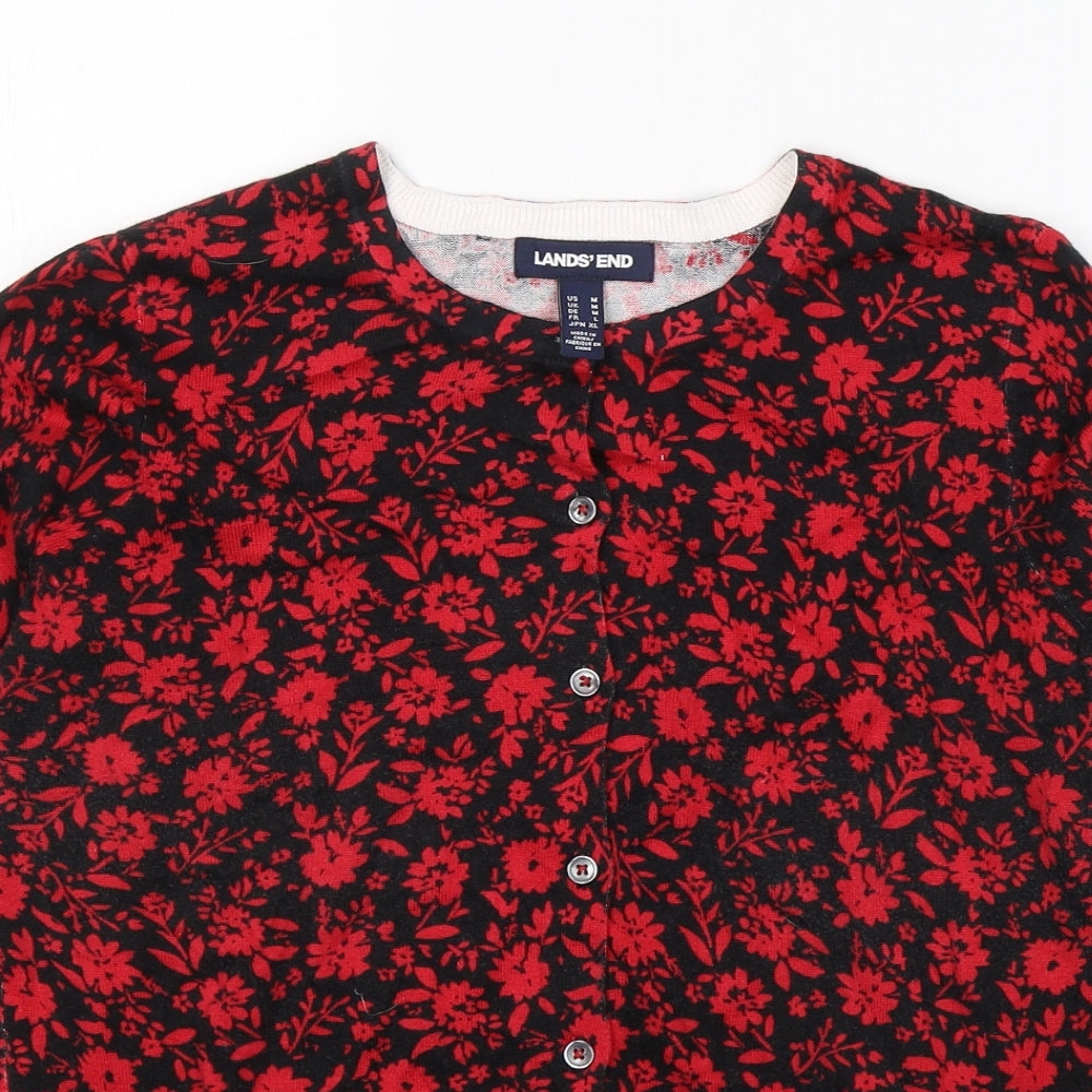 Lands' End Womens Black Round Neck Floral Cotton Cardigan Jumper Size M