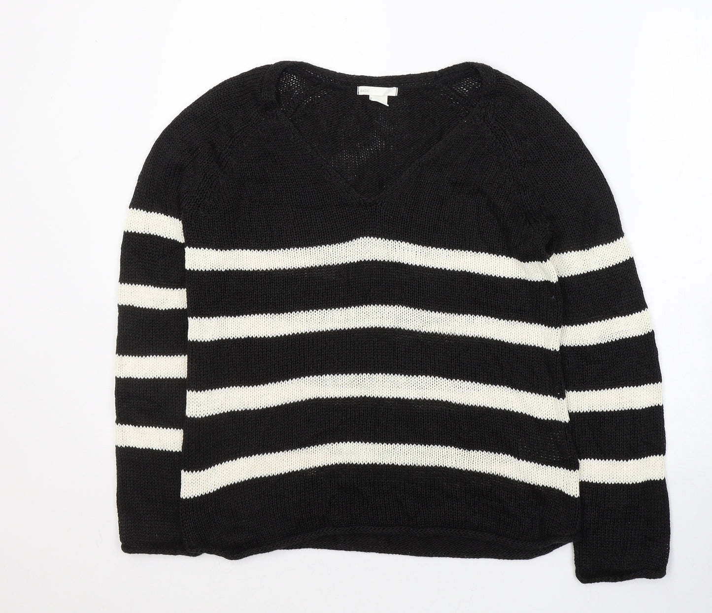H&M Womens Black V-Neck Striped Acrylic Pullover Jumper Size S