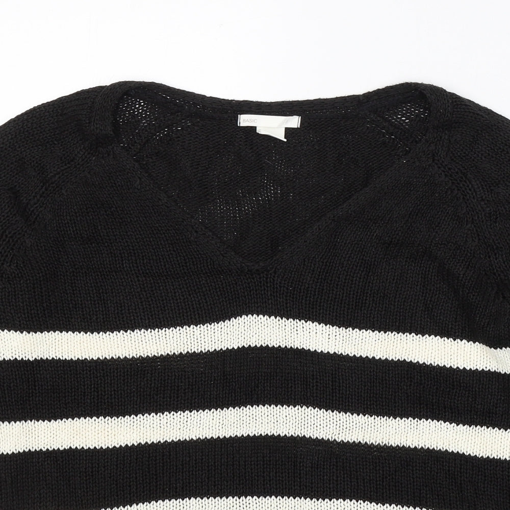H&M Womens Black V-Neck Striped Acrylic Pullover Jumper Size S