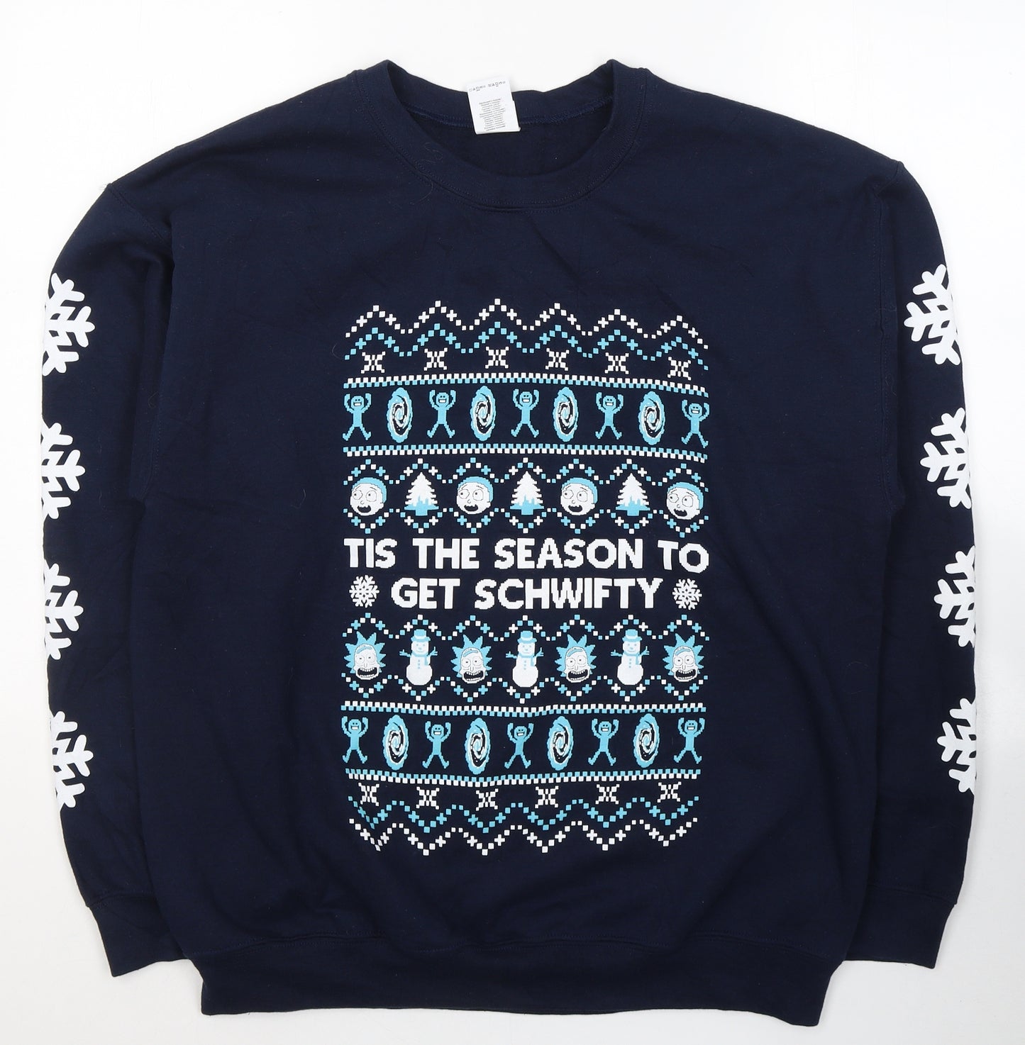 Gildan Mens Blue Geometric Cotton Pullover Sweatshirt Size L   - Rick & Morty Christmas