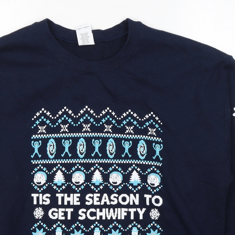 Gildan Mens Blue Geometric Cotton Pullover Sweatshirt Size L   - Rick & Morty Christmas