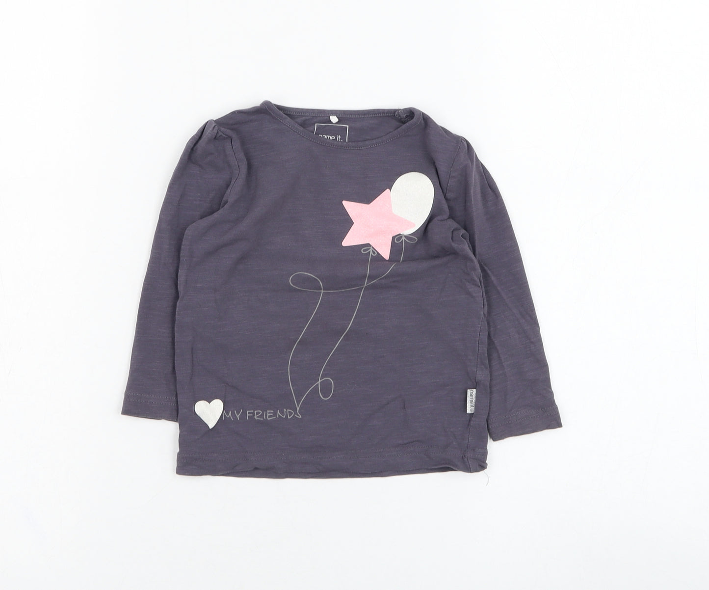name it Girls Grey  Cotton Basic T-Shirt Size 9-12 Months Round Neck Pullover - Balloon