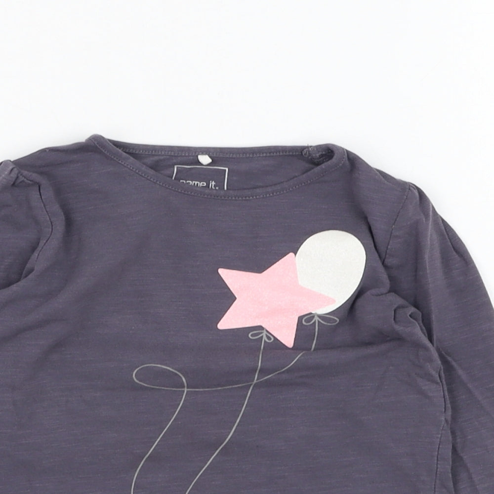 name it Girls Grey  Cotton Basic T-Shirt Size 9-12 Months Round Neck Pullover - Balloon