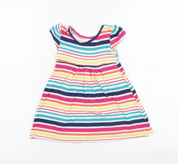 M&Co Girls Ivory Striped Viscose Skater Dress Size 9-12 Months Round Neck Pullover