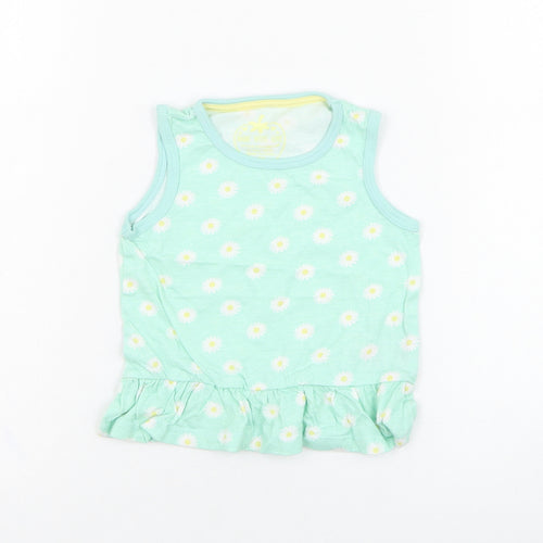 Primark Girls Green Floral Cotton Basic Tank Size 12-18 Months Round Neck Pullover - Daisy