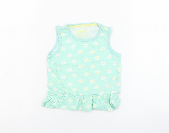 Primark Girls Green Floral Cotton Basic Tank Size 12-18 Months Round Neck Pullover - Daisy